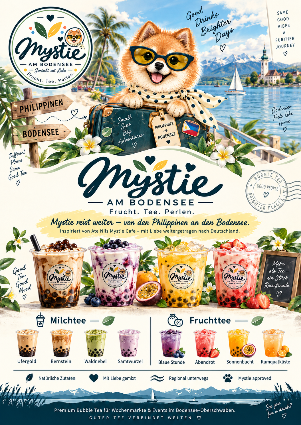 Mystie, ein orangefarbener Spitz mit Sonnenbrille und Reiseschal, reist mit Bubble Tea von den Philippinen an den Bodensee.